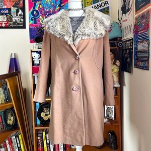 Women's Tan Coat with Faux Fur Collar